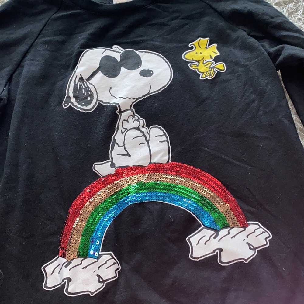 Peanuts Snoopy and Woodstock black Sequin rainbow graphic Sweatshirt - Picture 3 of 11